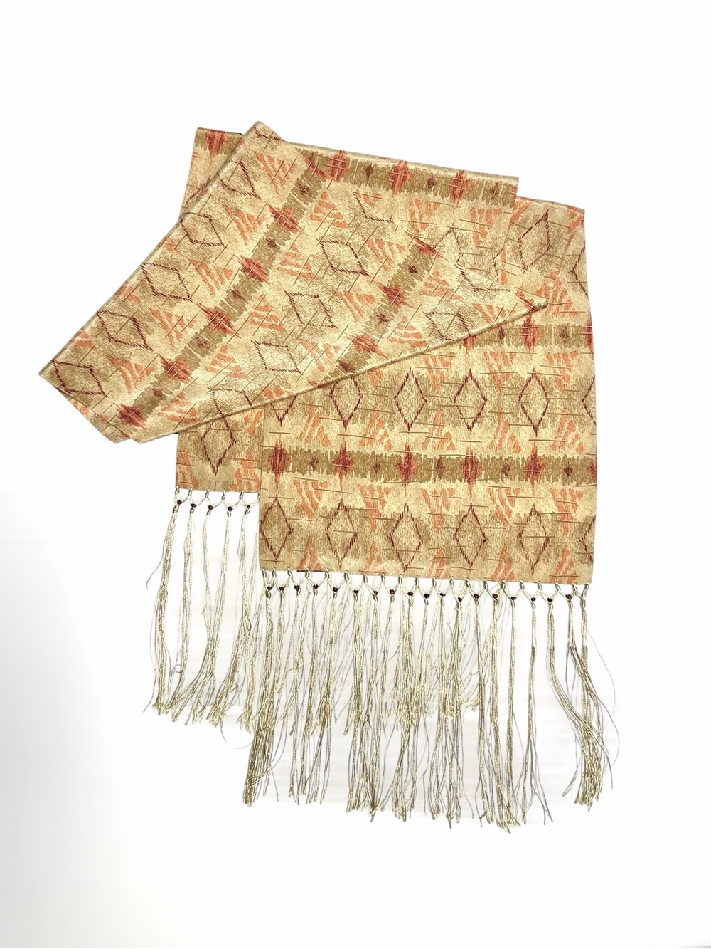 Echo 100% Silk Scarf Double Layer  Geometric Fringe Tassels Beige Tan Unisex